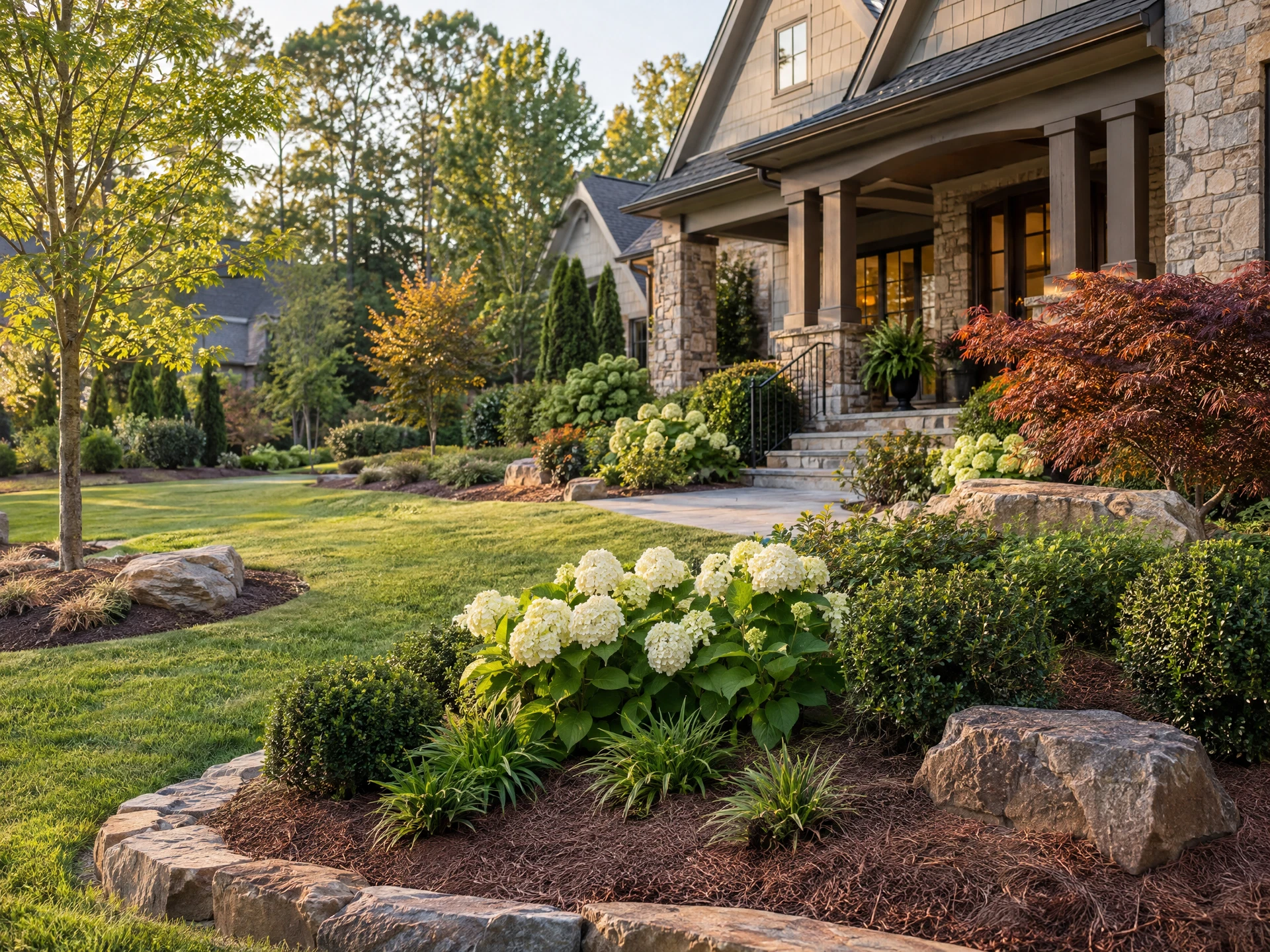 Layered planting beds and stone accents outside a landscaped Carolinas home