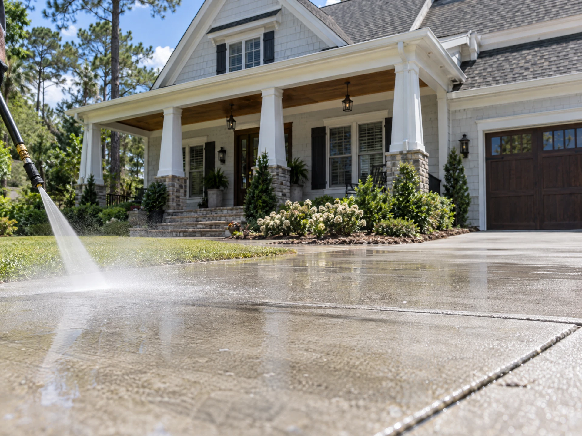 Clean driveway and walkway outside a Southern home after exterior cleaning
