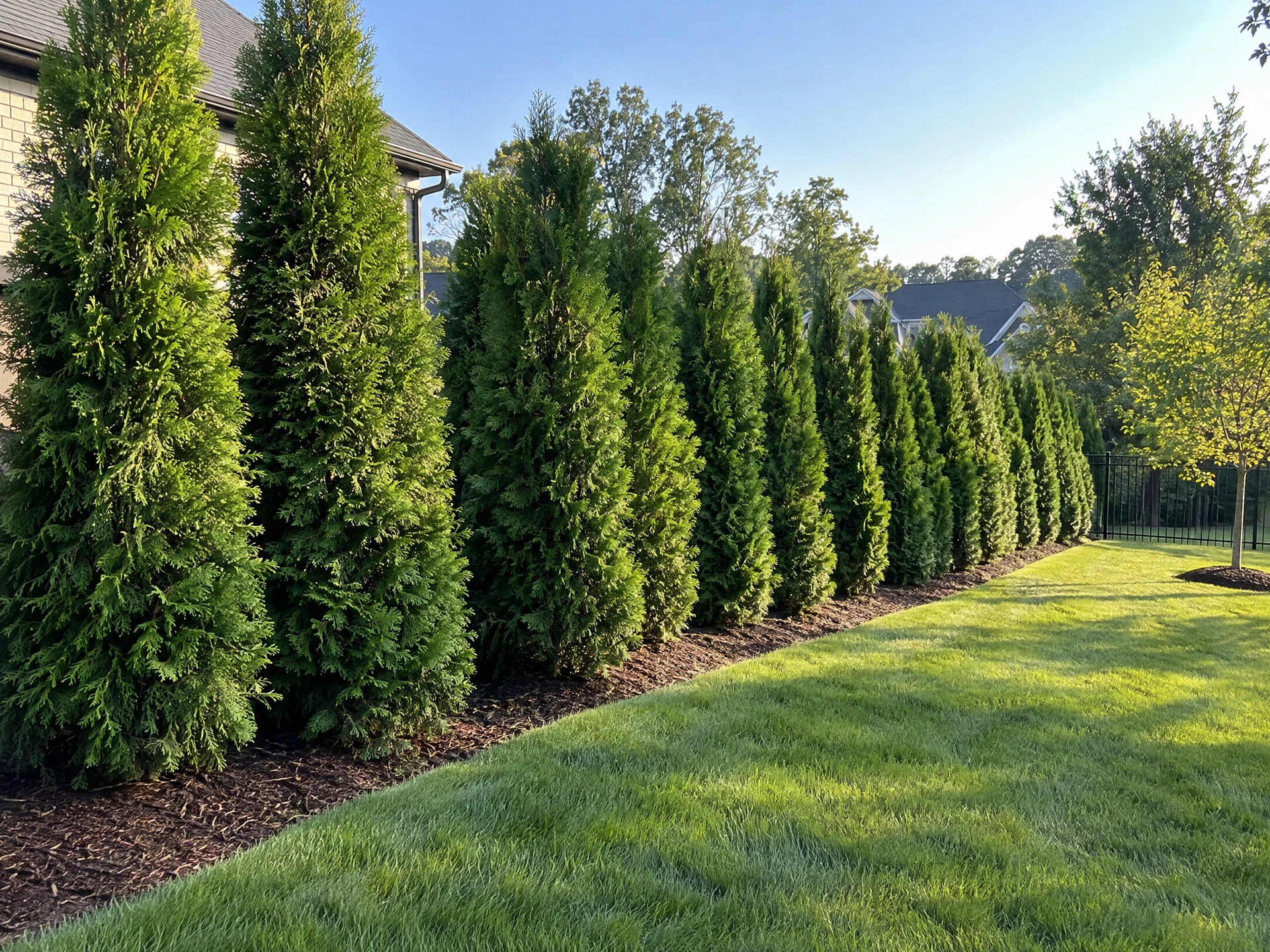 Healthy arborvitae row creating a privacy screen along a residential property line