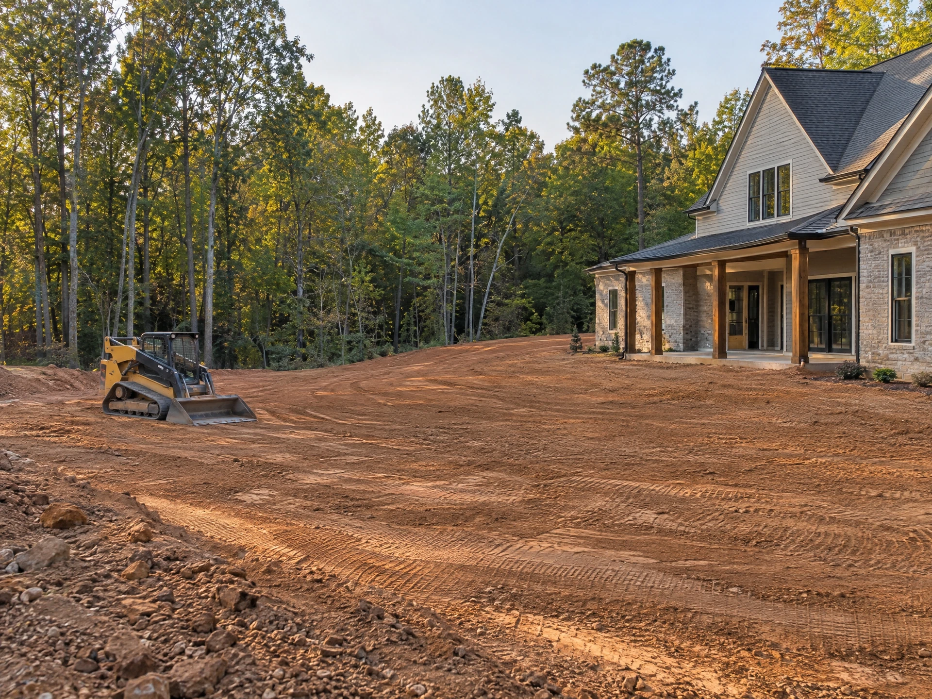Professionally graded residential ground with compact equipment nearby